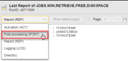 Screenshot showing the Reports window, where the drop down list is ecpanding showing the types of reports that are available for selection: Logging (LOG), Report ((REP), Activation (ACT), Post Process (POST), and Directory