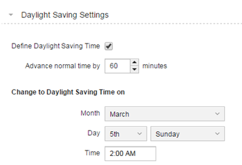 Screenshot of the parameters in the Daylight Saving Setting section in a Time Zone object.