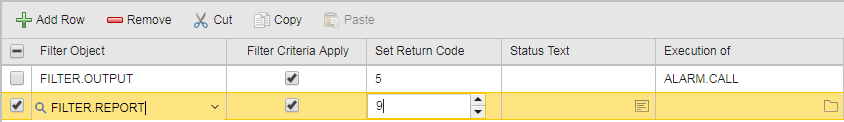 Screesnshot showing the configuration of the Filter objects. A table contains the two filter objects. FILTER.OUTPUT is configured as follows: Filter Criteria Apply: Yes, Set return Code: 5, Execution of: ALARM.CALL. FILTER.REPORT is configured as follows: Filter Criteria Apply: Yes, Set Return Code: 9