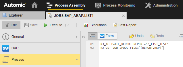 Screenshot of the Process page of the JOBS.SAP_ABAP.LISTS Job showing the script.