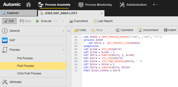 Screenshot of the Post Process page of the JOBS.SAP_ABAP.LIST1 Job showing the sample scripting.