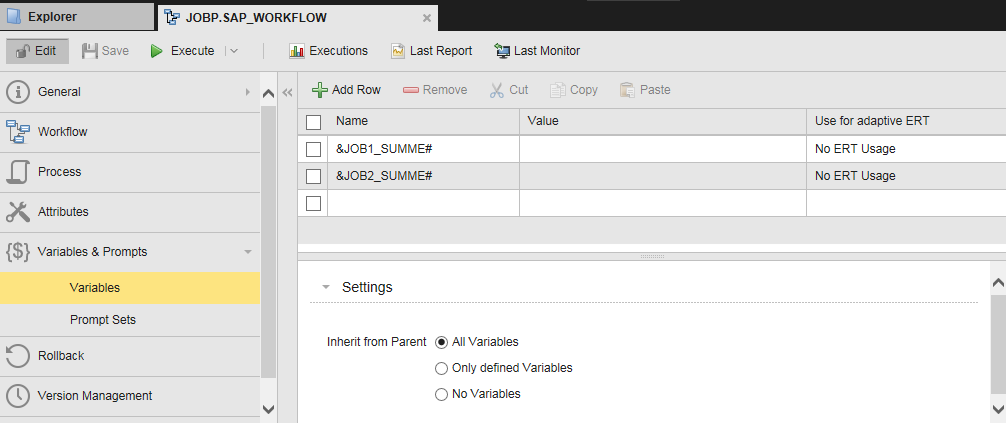 Screenshot of the Variables page of the Workflow where the variables are defined.