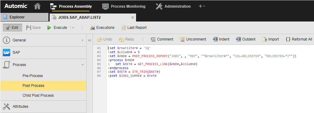 Screenshot of the Post Process page of the JOBS.SAP_ABAP.LIST2 Job showing the sample script.