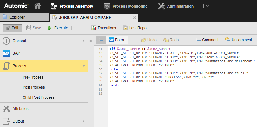 Screenshot of the Process page of the JOBS.SAP_ABAP.COMPARE Job showing the script.
