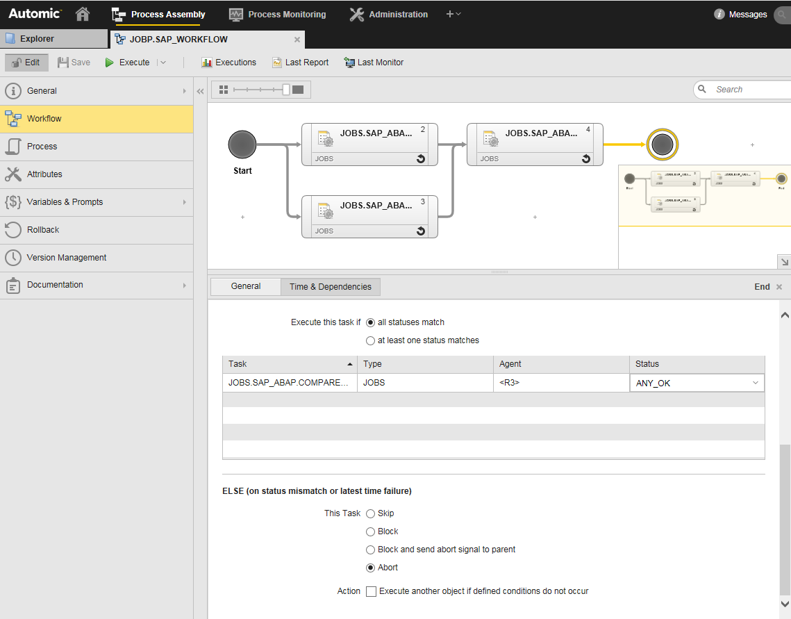 Screenshot of the Workflow where the END node is selected and the Properties panes is opened to the Time & Dependencies tab. There, the following is set: The previous task (which is the last JOb in the Workflow) should end with status ANY_OK, otherwise, the Workflow aborts.