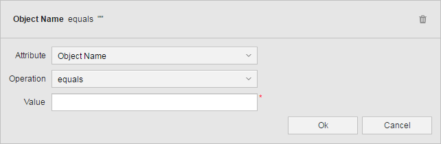 Screenshot showing the filter options where the following options are selected: Attribute = Object Name and Operation = equals.