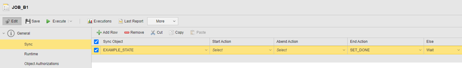 Screensbot of the Sync definition page of JOB_B1 where the EXAMPLE_STATE Sync object is assigned. The followng options are defined: End Action = SET_DONE, Else = Wait.