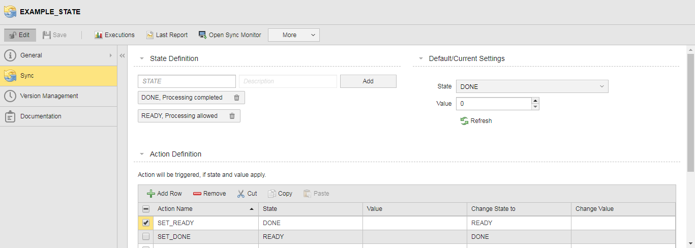 Screesnhot of the SYNC object showing the Action Definition section on the Sync page.