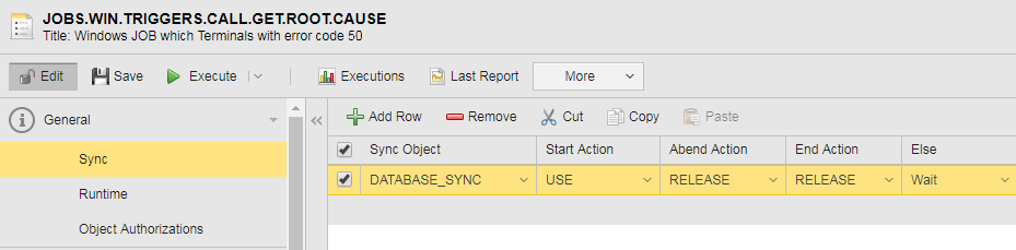 Screesnhot showing the Sync definition page of the Job where DATABASE_SYNC ia assigned. The following options are selected: Start Action = USE, Abend Action = RELEASE, End Action = RELEASE, Else = Wait.