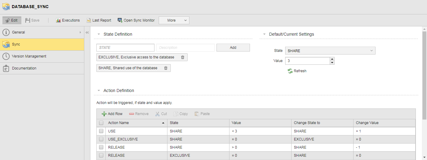 Screesnhot of the SYNC object that shows the options as described.