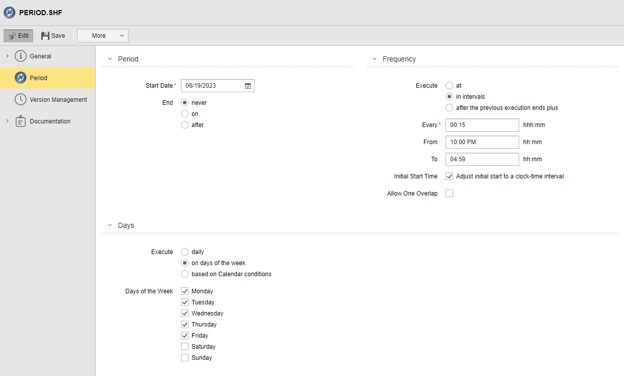 Screenshot of the period object configured with the values described above.