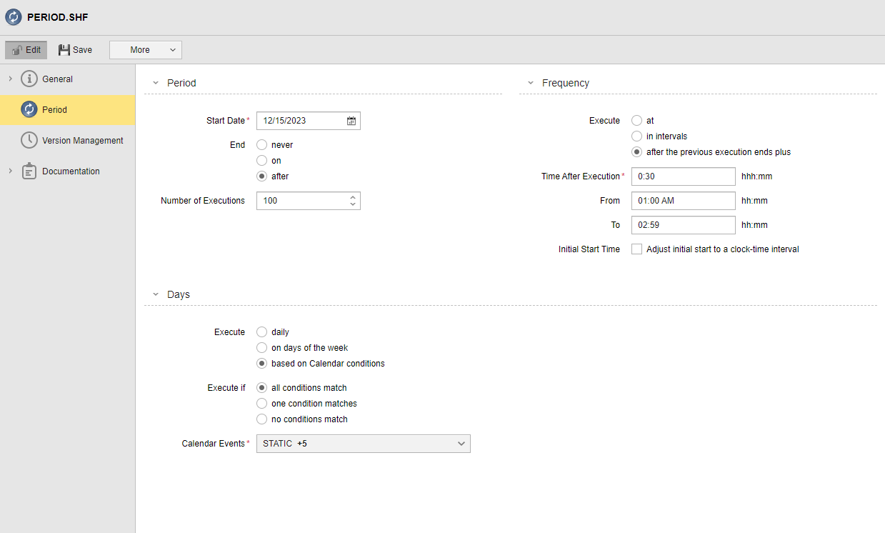 Screenshot of the period object configured with the values described above.