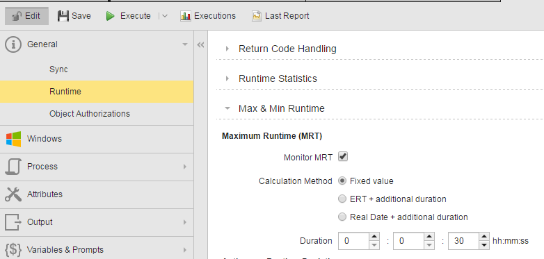 Screenshot showing the maximum runtime settings. The followng options are selected: Monitor MRT, Calculation Method = Fixed Value, Duration = 30 seconds.
