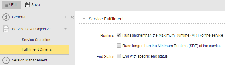 Screenshot showing the fulfilment criteria by runtime where the following option is selected: Service Fulfillment Runtime = Runs shorter than the Maximum Runtime (MRT) of the service.