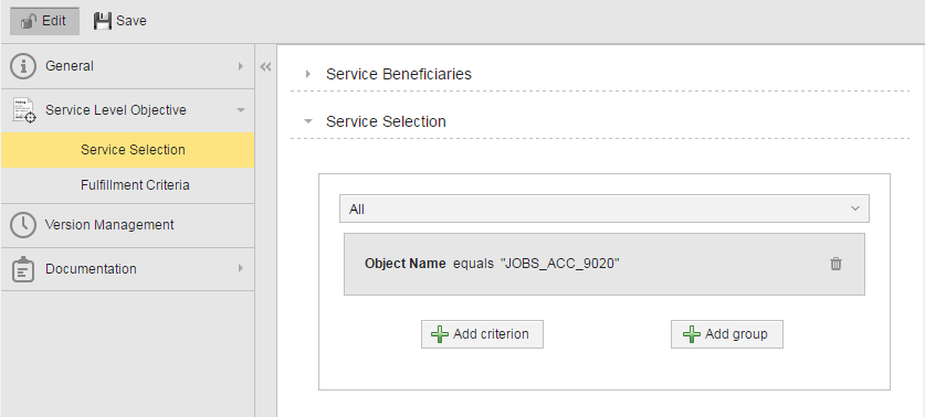 Screenshot showing the criterion for service selection where the following options are selected: Object name equals JOBS_ACC_9020.