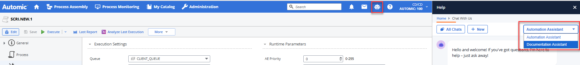 Screenshot of the upper part of the UI where the bot icon is highlighted and th Intelligent Assistant panel is displyed. The dropdown that lets you select between Assistants is expanded.