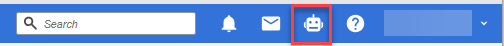 Screenshot of the right half of AWI's main menu bar. It shows tha search fiedl, the requests icon, the bot icon (which is highlighted in the screenshot) the help icon and the blurred connection information.