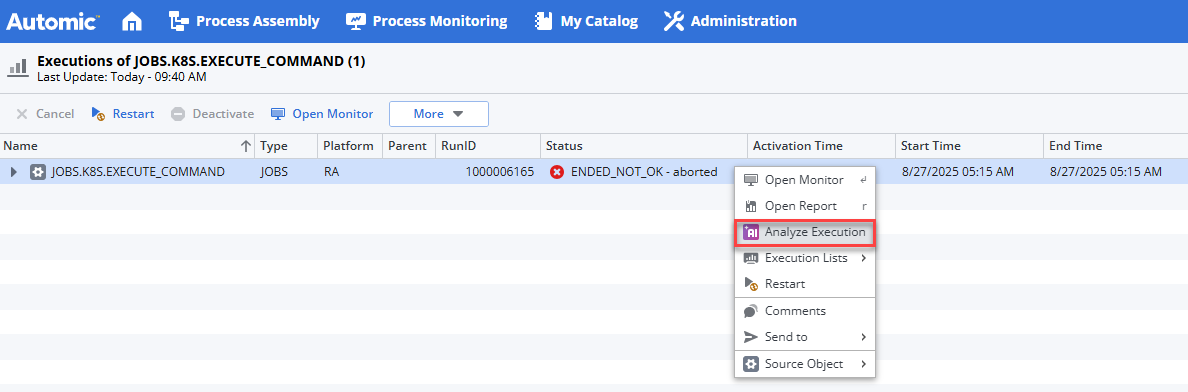 Screenshot of an Executions list where Analyze Executions is highlighted in the context menu.