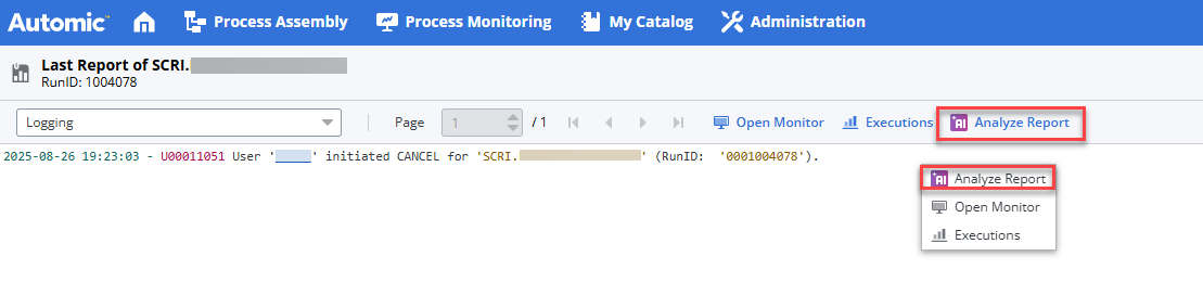 Screenshot of a report where the Analyze Report available in the report tool bar and the Analyze Report option in the context menu are highlighted.