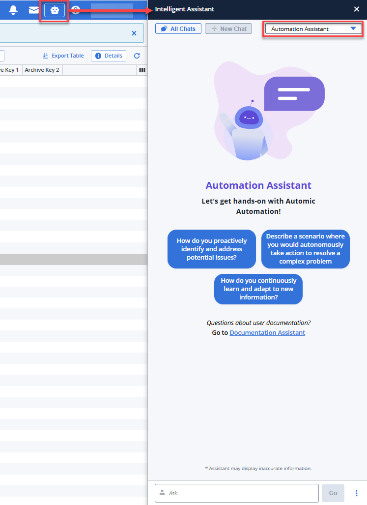 Screenshot of the UI where the bot icon is highlighted and the Intelligent Assitant pane is displayed. he dropdown list that gives access to the Automation Assitant and to the Documentation Assistant is also highlighted.