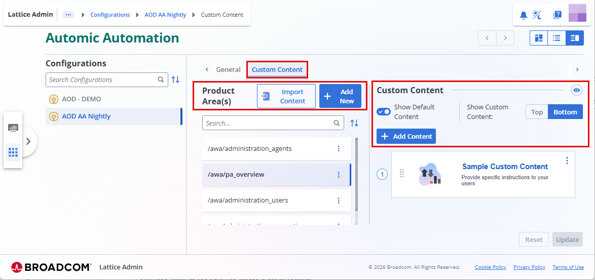 A screenshot of the Automic Automation interface with red boxes highlighting the "Custom Content" tab, the "Product Area(s)" controls, and the "Custom Content" display settings.