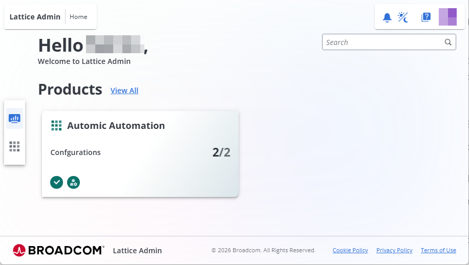 Lattice Admin home page showing the Products section with an Automic Automation card and 2 of 2 configurations assigned to the user.
