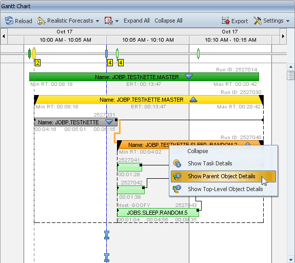 Menu contextuel d'une Tâche : 'Show Parent Object Details'