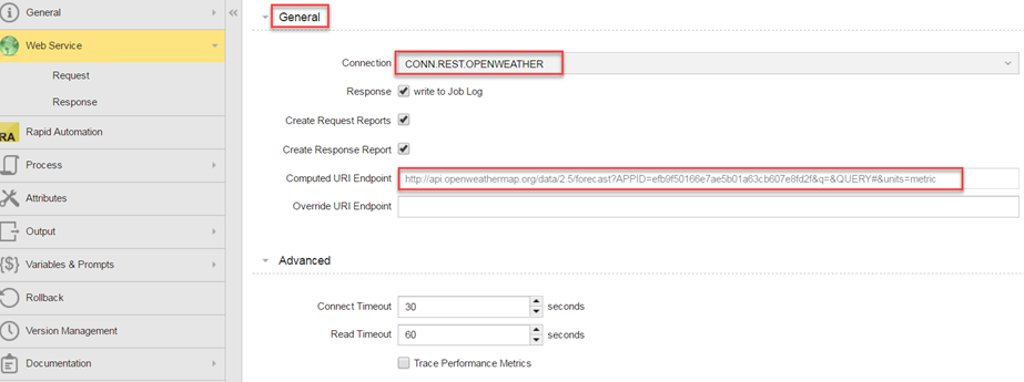 REST Web Service – Abschnitt "Allgemein"