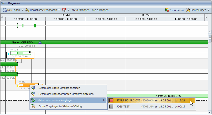 Kontextmenü eines Aufgabenbalkens für eine Aufgabe mit externen Nachfolgern