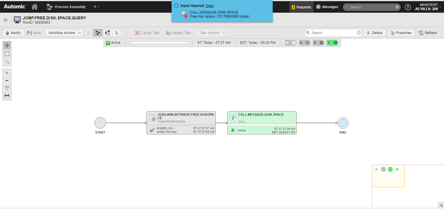 Screensot showing the Workflow monitor, where the Job's status is displayed as ENDED_OK and the status of the Notification is Active.
