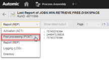 Screenshot showing the Reports window, where the drop down list is ecpanding showing the types of reports that are available for selection: Logging (LOG), Report ((REP), Activation (ACT), Post Process (POST), and Directory