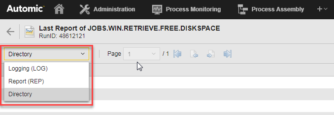 Screenshot showing the Reports window, where the drop down list is ecpanding showing the types of reports that are available for selection: Logging (LOG), Report ((REP) and Directory