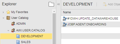 Screenshot of the development folder in the User Catalof, where the Workflows are now available