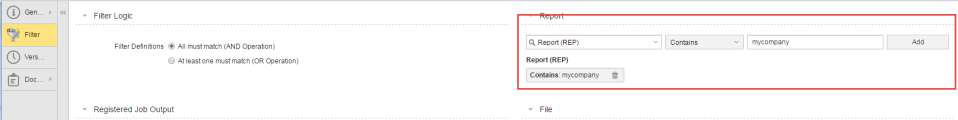 Screenshot of the Filter page on which the folloing setting are defined in the Report section: "Report (REP)" contains "mycompany"