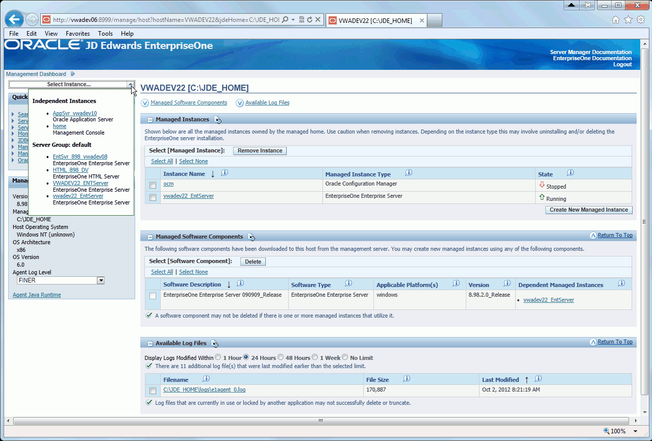 Selected server instance in JD Edwards