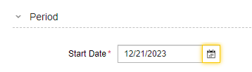 Screenshot showing the Start Date field on a Period object, where the date picker element is highlighted.