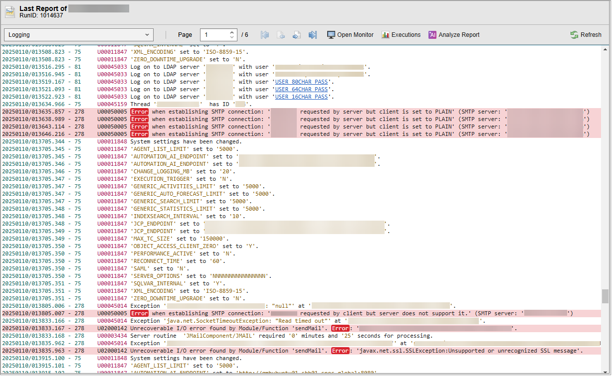 Screenshot of the 24.4.0 Reports window showing highlighted errors, links to objects, color coding for messages, variables, timestamps and so on.
