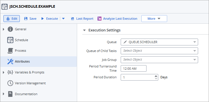 Screenshot of the Attributes page of a Schedule object where the following has been entered: Queue - Queue.Scheduler, Preiod turnaround time - 12:00 AM, Period Duration - 1 Day.