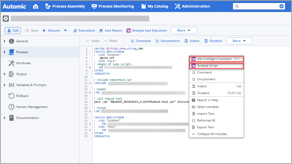 Screenshot showing the Process page of a Script object where the context menu is displayed and th Ask  Intelligent Assistant and Analyze Script options are highlighted.