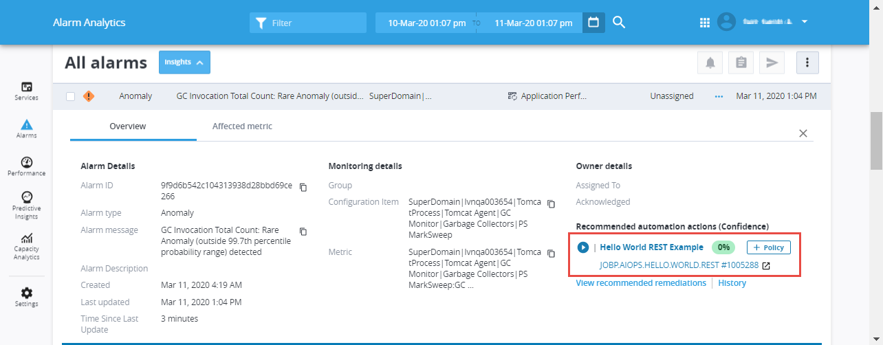 Detail of the Overview tab of the alarm in the Alarms list, where the two links are highlighted.