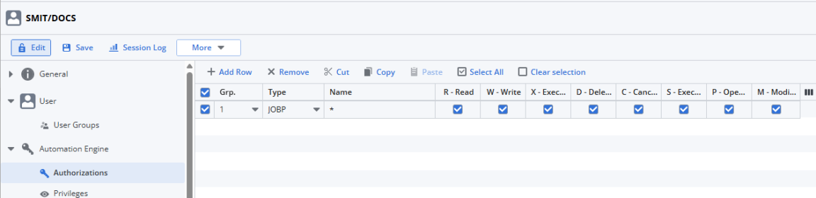 Screensshot of the User page corresponding to user SMIT where the Type of object selected is JOBP and where all rights are granted (all checkboxes are ticked).