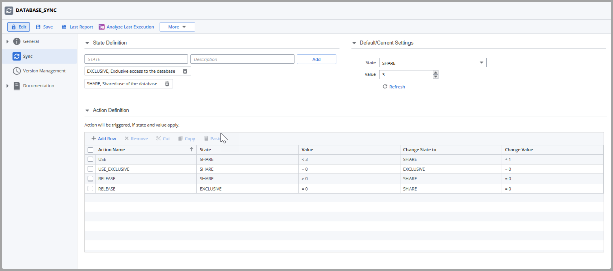 Screesnhot of the SYNC object that shows the options as described.