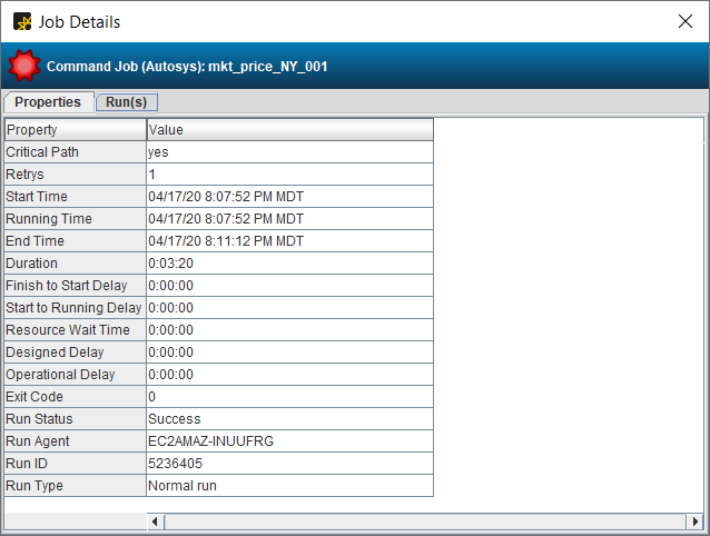 Screnshot of the Properties tab on the Job Details dialog