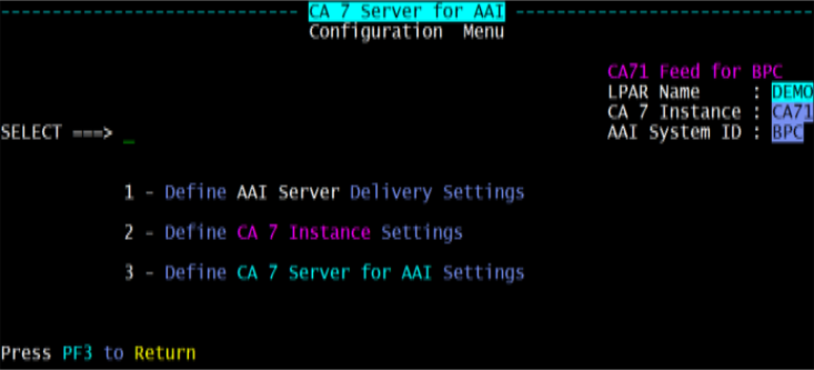 Screenshot of the Configuration Menu for a CA7 Server for AAI instance.