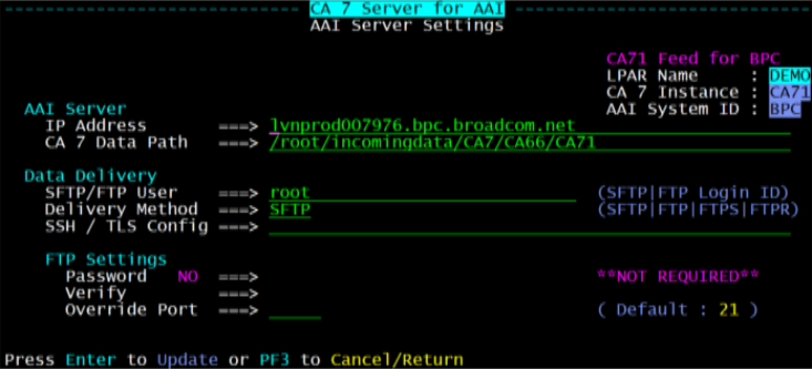 Screenshot of the AAI Server Settings panel for a CA7 Server for AAI instance.