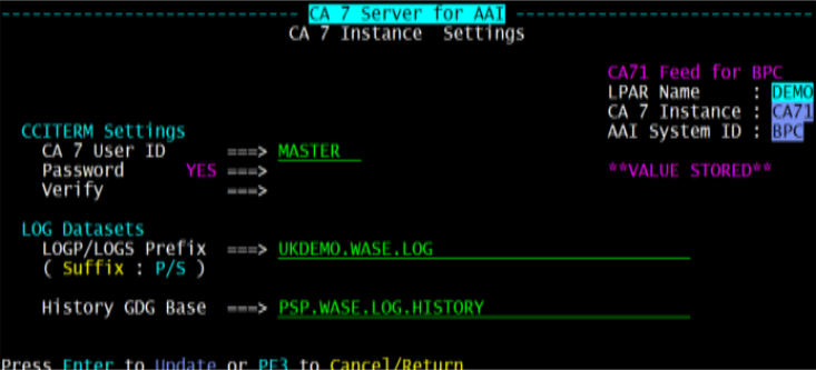 Screenshot of the ca7 Instance Settings panel for a CA7 Server for AAI instance.