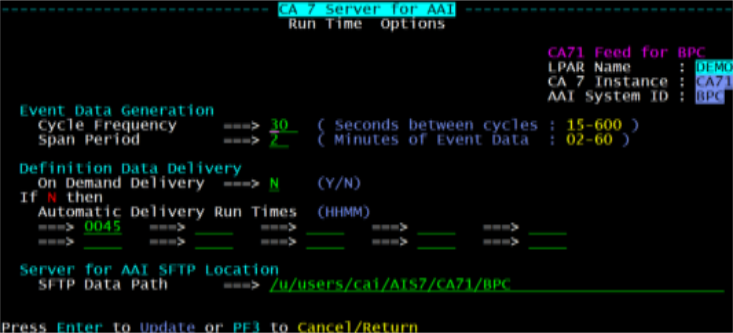 Screenshot of the Run TIme Options panel for a CA7 Server for AAI instance.