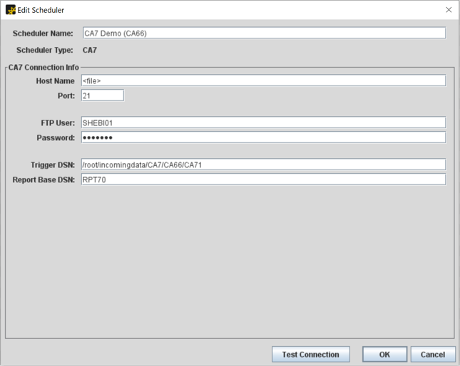 Screenshot of the Edit Scheduler dialog, where the previous fields for a CA 7 Schedulerare defined.