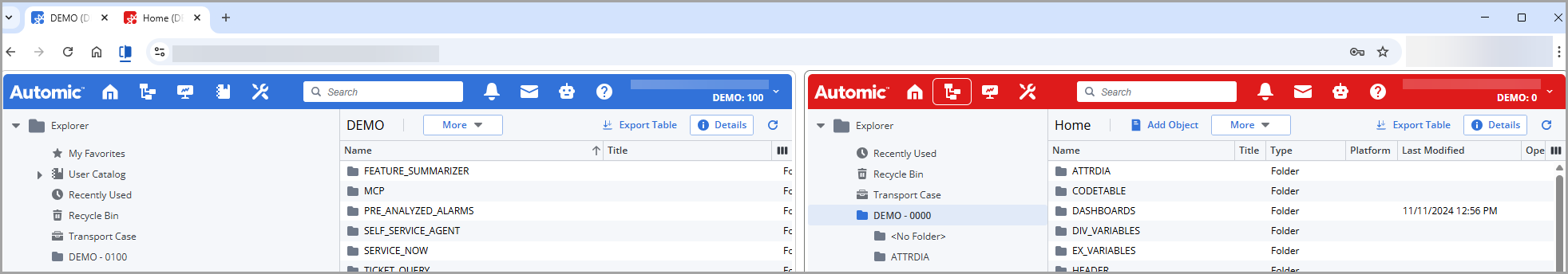 Screenshot of a split browser window showing two Clients in the same system, one is Client 100 and its connection color is blue, the other one is Cient 0 and its connection color is red.