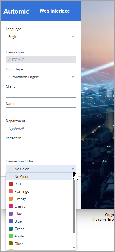 Screenshot showing the Connection Color dropdown list available on the Automic Login dialog. The  list shows the colors provided by AWI by default and that are available for selection.
